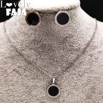 

2020 Fashion Round Stainless Steel Enamel Jewelry Set for Women Black Earrings Necklace Sets Jewellery pendientes mujer 178565
