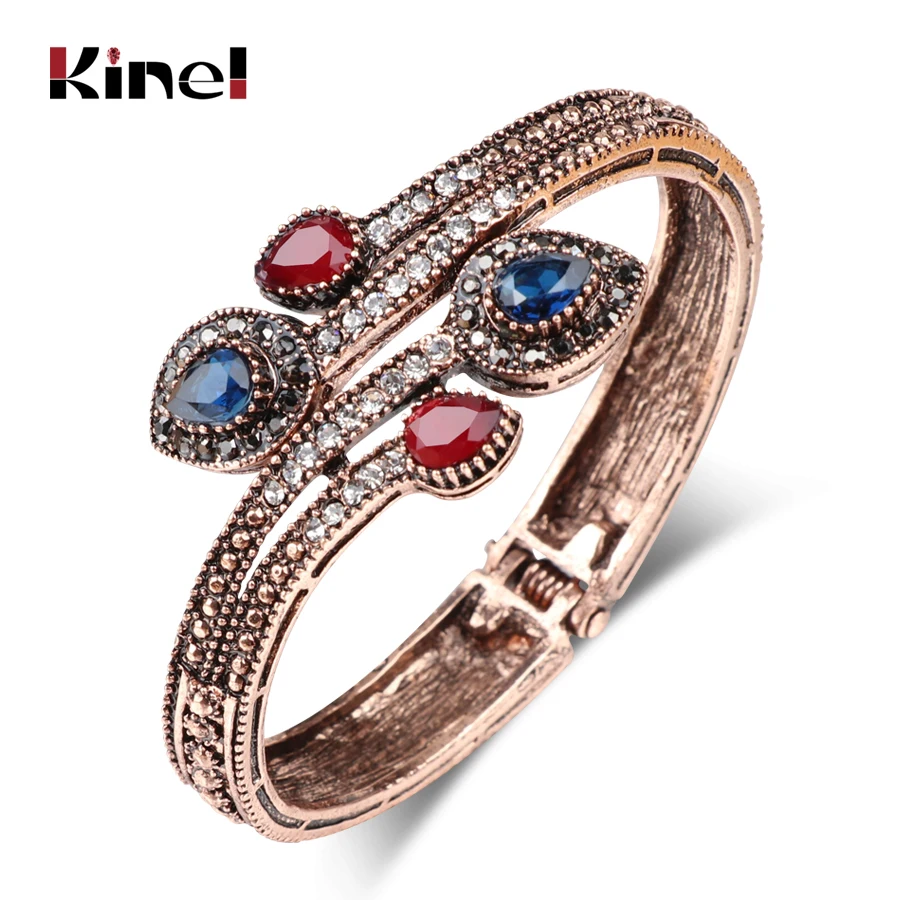 

Kinel Vintage Blue Branch Flower Bangles Red Water Drop Resin Women Lady Bangle Bracelet Hand Crystal Turkish Jewelry Gifts
