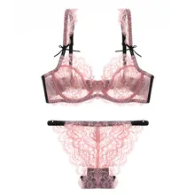 Прозрачный розовый комплект с бюстгальтером для женщин, прозрачные кружевные 3/4 бюстгальтеры с большой чашкой и треугольные трусики, французские сексуальные комплекты нижнего белья ABCD 6 цветов