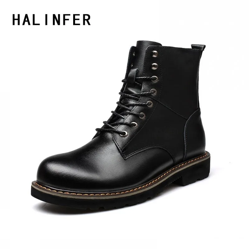 HALINFER men's Military boots genuine leather fashion Martin boots winter Casual ankle boots