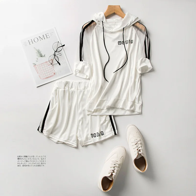 

Casual Fishnet Set Biker Shorts Suit Women 2 Piece Set 2019 Short Sleeve Sweatshirt Top and Shorts Set Tracksuit