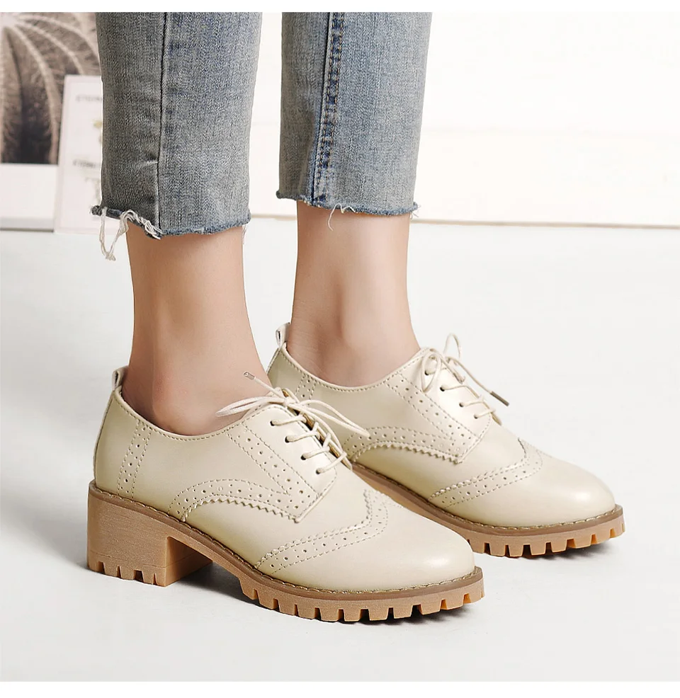 Women Oxfords Shoes Handmade Lace-up Round Toe Thick Heel Leisure Comfortable and Soft Office Lady Shoes