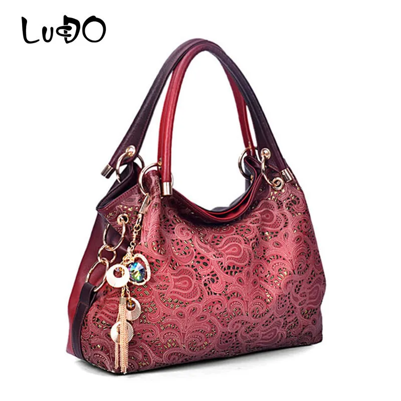 

LUCDO Luxury Handbags Women Bags Designer Floral Print Hollow Out Messenger Bag Shoulder Bags Famous Brand Tote Bag Sac A Main