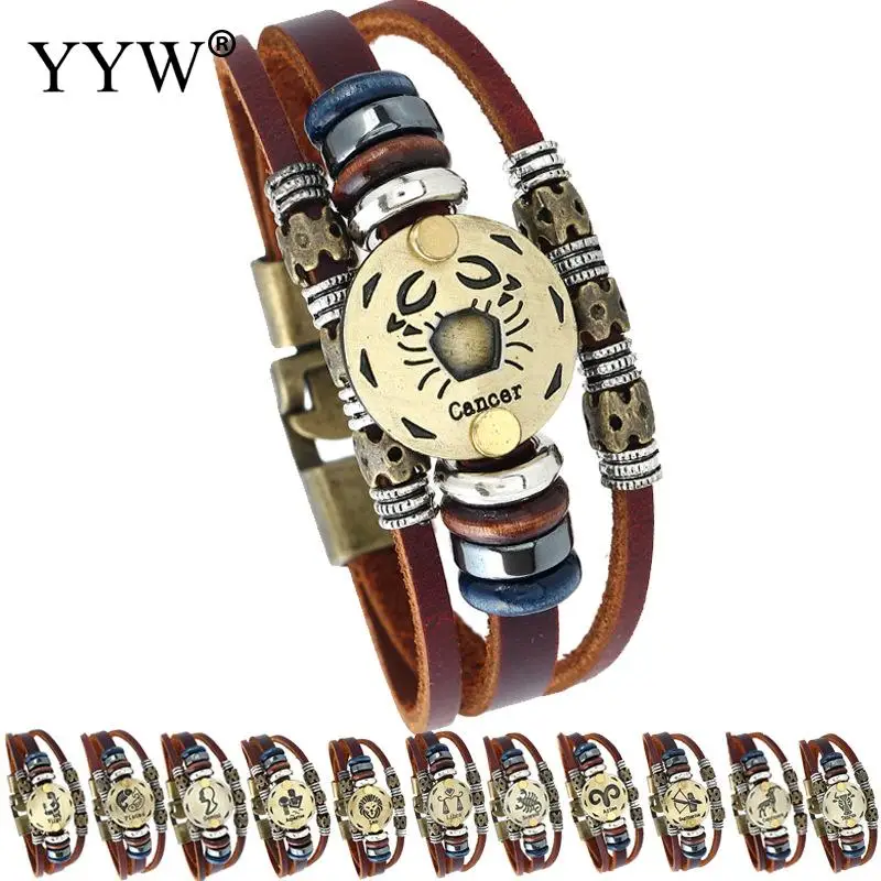 

High Quality Virgo/Sagittarius/Aquarius/Scorpio 12 Constellation Bracelet Men Women Punk Leather Bracelets & Bangles Man jewelry
