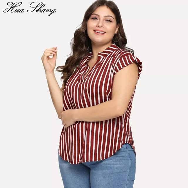 Plus Size Blouse Shirt Women Summer Stand V Neck Short Sleeve Striped Print  Casual Blouse Big