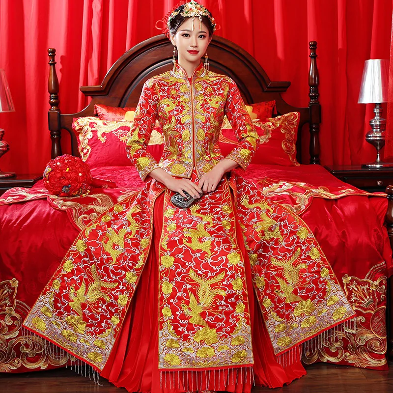 Luxury ancient Royal Red Chinese wedding dress Traditional Bride