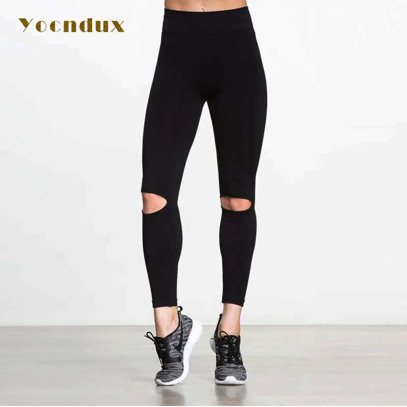 Yocndux новые высококачественные полые спортивные штаны для йоги Леггинсы Европа для женщин отверстие леггинсы черные пикантные фитнес спортивные - Цвет: Black