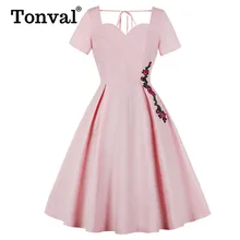 Тонваль розовый 1950s Ретро Вышивка женское платье Милая Шея 95% хлопок элегантное вечернее платье галстук булавка сзади платье с открытой спиной