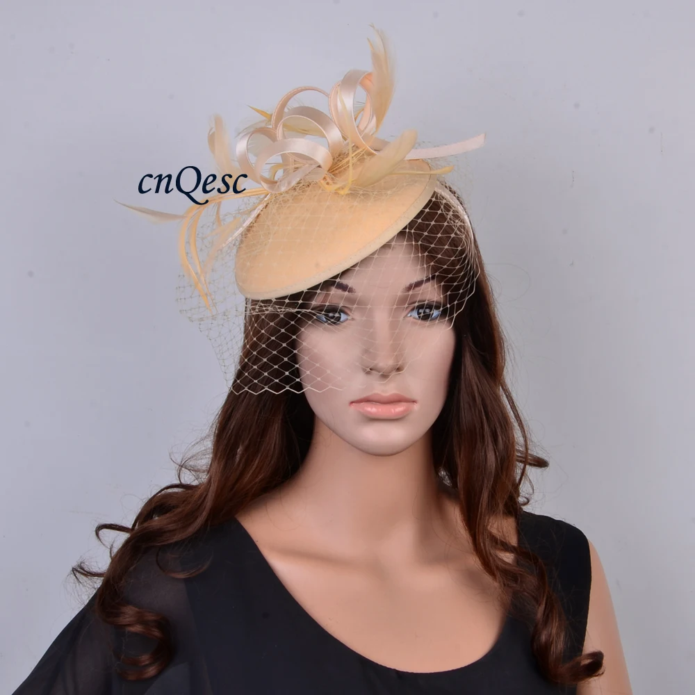 

New Elegant Champagne gold veiling fascinator Ascot Derby hat felt base fedora with feathers&veil for races prom church party