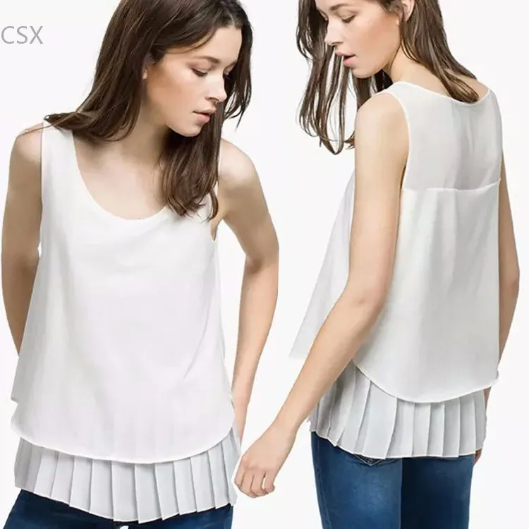 

Summer Style Women Elegant Loose Double Layers Short Blouses O Neck Sleeveless Shirt Casual Slim Brand Designer Tops Tank 53