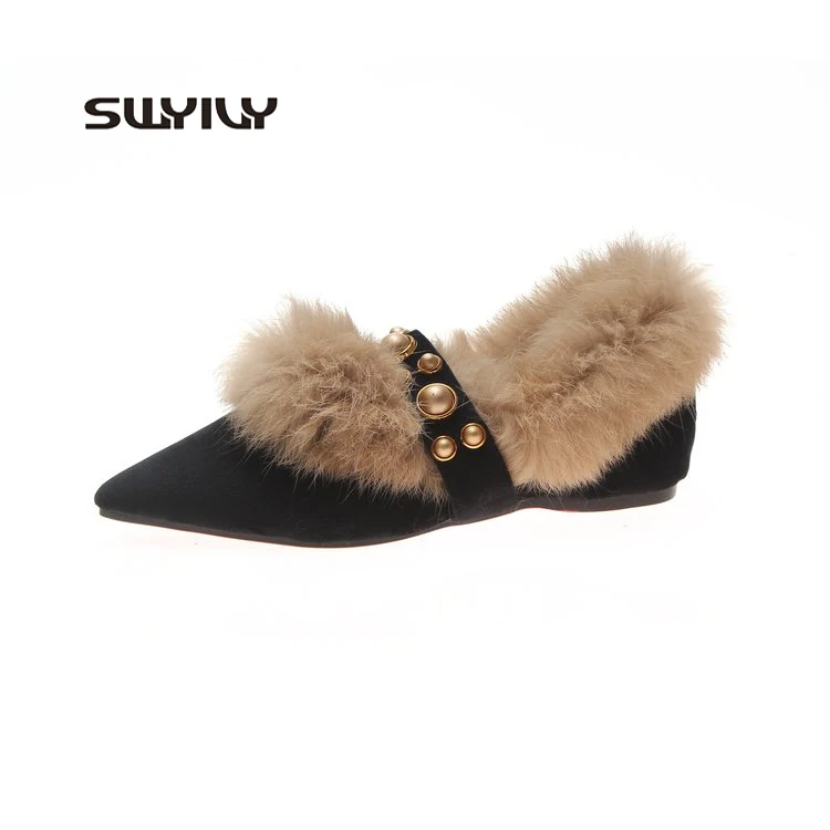 

SWYIVY Woman Winter Peas Shoes 2018 New Flat Plush Velvet Fashion Loafers Shoes Pointed Pearl Warm Leisure Lady Flat Shoes Black