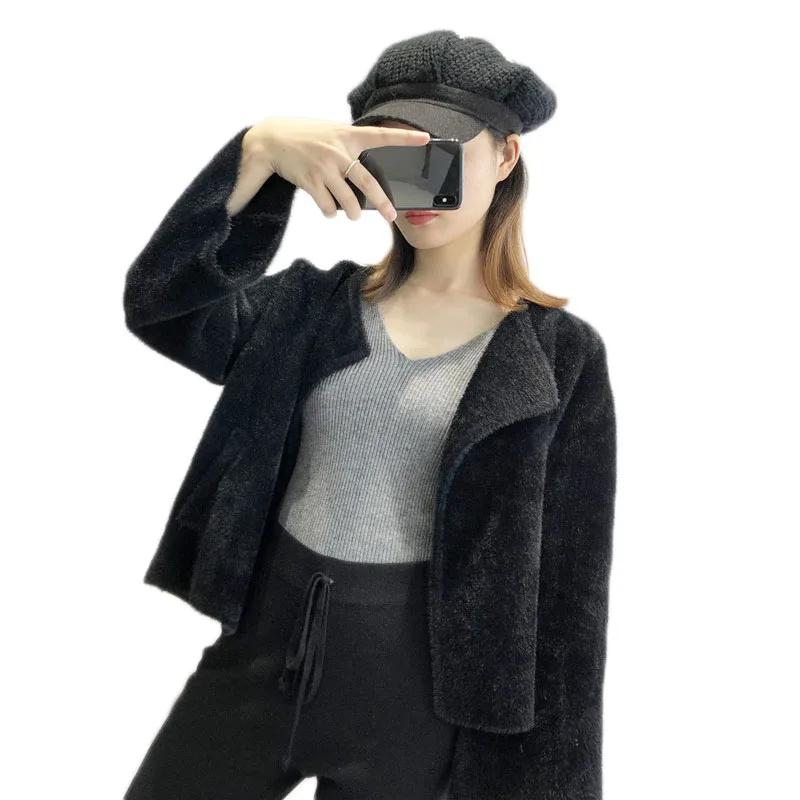 Evasu Lou Cardigan Women 2018 New Autumn and Winter Loose Sweater Milk Fur Jacket Long-sleeve Knitted Coat EV243 |
