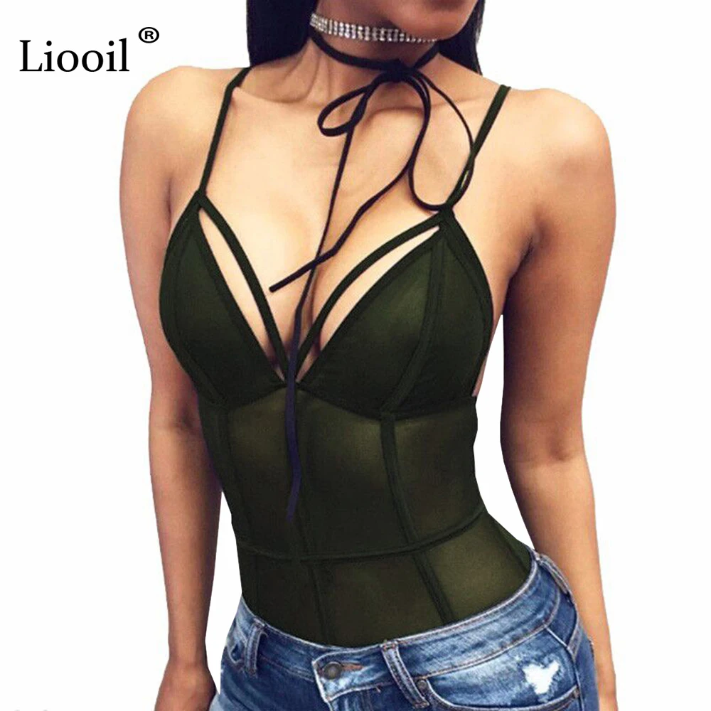 

Liooil Black Mesh Bodysuit Women Sexy Club Backless Lace Bodysuit Overalls Striped Patchwork Bodycon Bandage Jumpsuit Body Woman