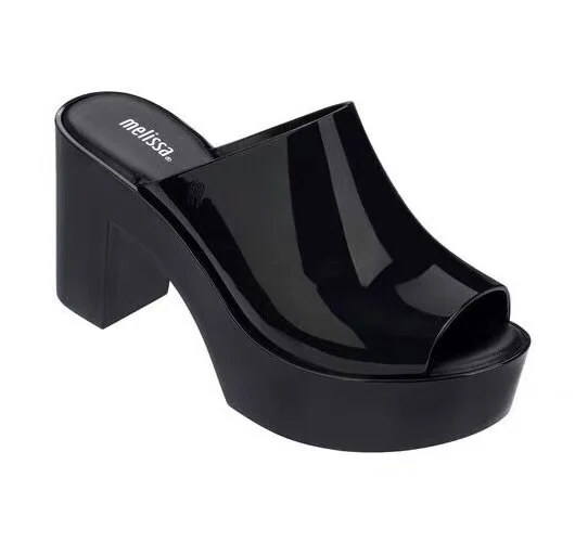 Melissa/босоножки на высоком каблуке; коллекция года; летняя обувь, увеличивающая рост; Женские однотонные Босоножки на платформе Melissa; женская прозрачная обувь - Цвет: Черный