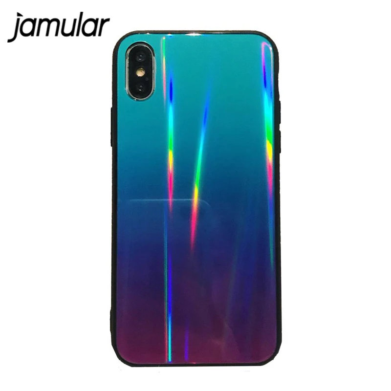 

JAMULAR Laser Tempered Glass Case For iPhone XR XS MAX X 7 6 6s 8 Plus Aurora Gradient Colorful Phone Cover For iPhone 7 Coque