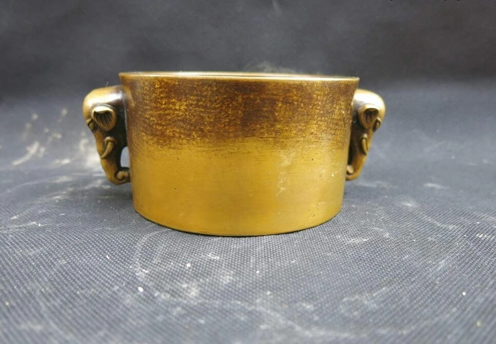 

China pure brass carved censer two elephant caput Incense Burner Sculpture