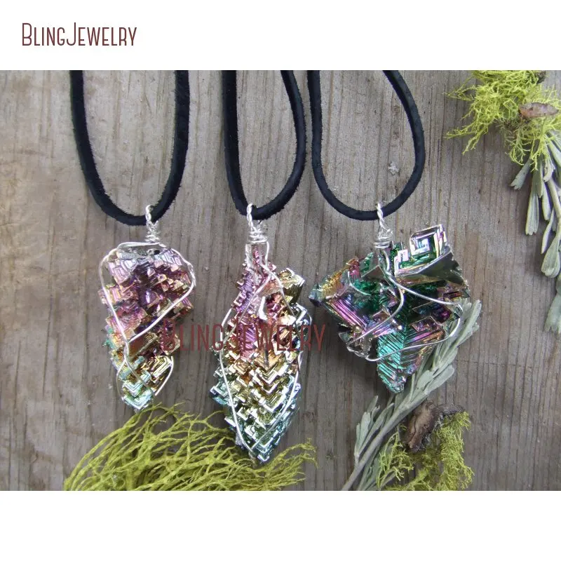 

Small Silver Wire Wrapped Rainbow Pure Bismuth Crystal Pendant Necklace Black Leather Necklace NM26425