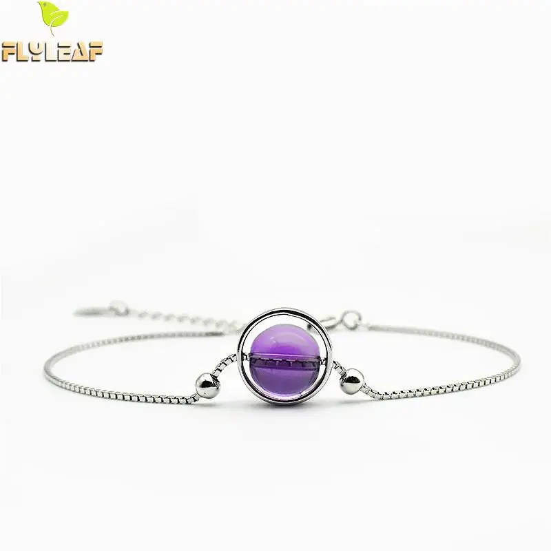 Flyleaf 100% Nature Stone Circle Amethyst Bracelets &amp Bangles Real 925 Sterling Silver For Women Fashion Fine Jewelry | Украшения и