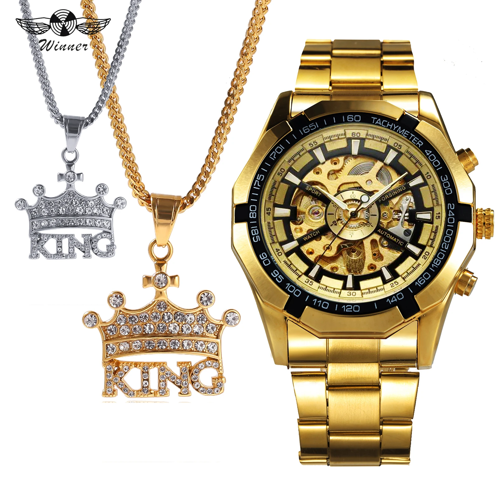 

WINNER Official Top Brand Luxury Skeleton Automatic Mechanical Mens Watches HIP HOP Jewelry Set + Punk Iced Out Crown Necklace