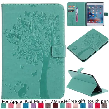 

For ipad Mini4 Case, cat tree Pattern Full Protection PU Leather Smart Flip Magnetic Holder Stand case for iPadMini 4 Cover+pen
