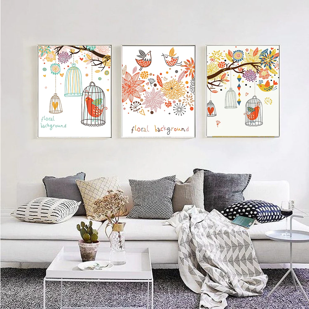 Nordic Poster Floral Background Birds Flower Home Decor Wall Art Picture Canvas Print Living Room Decoration Baby Bedroom | Дом и сад