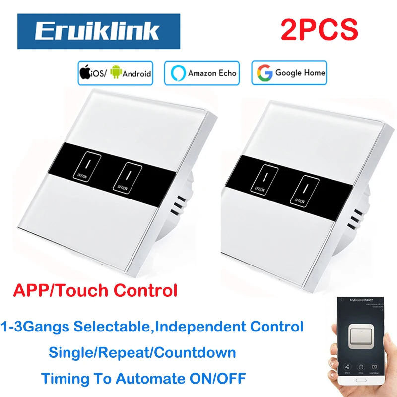

2PCS EU Standard Eruiklink 2 Gang Wifi Control Switch via Android, Wireless Control Light Touch Wall Switch for Smart Homne