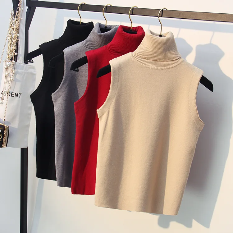 

Stylish Quality Knitted Women Sweater Korean Spring Autumn Turtleneck Sleeveless Vest Outwear Female Top Pullover Pull Femme 305