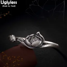 Uglyless Настоящее S 999 серебряное ювелирное изделие винтажное этническое открытие лотоса браслет буддизм тотем цветочный Bijoux ручной работы женские браслеты