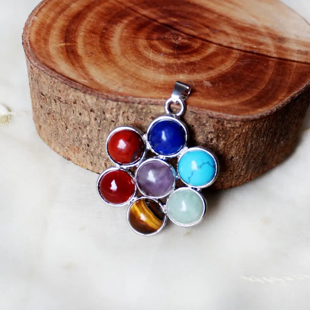 Phenovo Fashion 7 Chakra Colorful Crystal Energy Pendant for lapis lazuli Redstone Pendants Necklace Fashion Jewelry