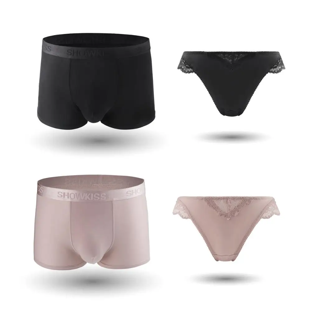 

2019 New Couple's Underwear Solid Ice Silk Men's Boxers Ladies Sexy Low Waist Lace Briefs Shrimp Female Lovers Underpants