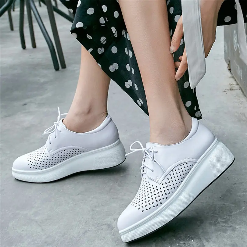 

NAYIDUYUN Lace Up Summer Shoes Women Cow Leather High Heel Pumps Breathable Wedges Platform Party Tennis Shoes Casual Shoes