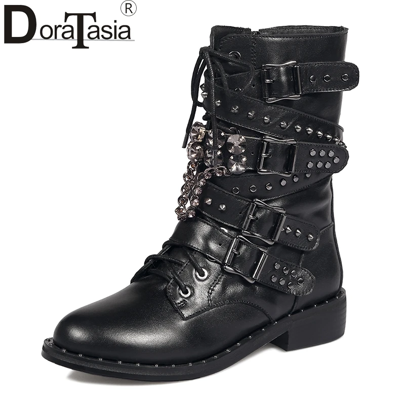 

DoraTasia 2017 brand new large size 34-43 fashion western cow woman boots ankle straps square heels shoes woman round toe