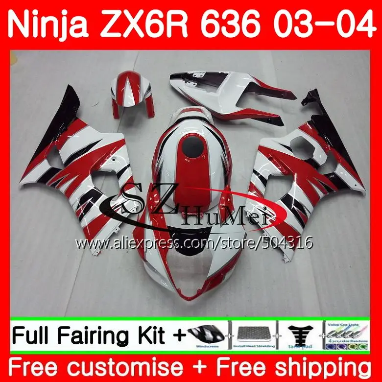

Body For KAWASAKI NINJA ZX-6R 03-04 ZX-636 ZX600 ZX636 10SH6 white red hot ZX 636 600CC ZX6R 03 04 ZX 6R 2003 2004 Fairings kit