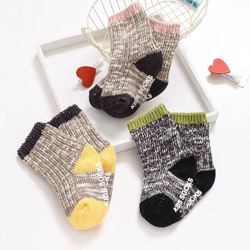 3 пары, хлопковые носки для малышей, зимние вязаные теплые носки для новорожденных мальчиков и девочек, Разноцветные носки для малышей, дешевые детские носки для 0-4 лет