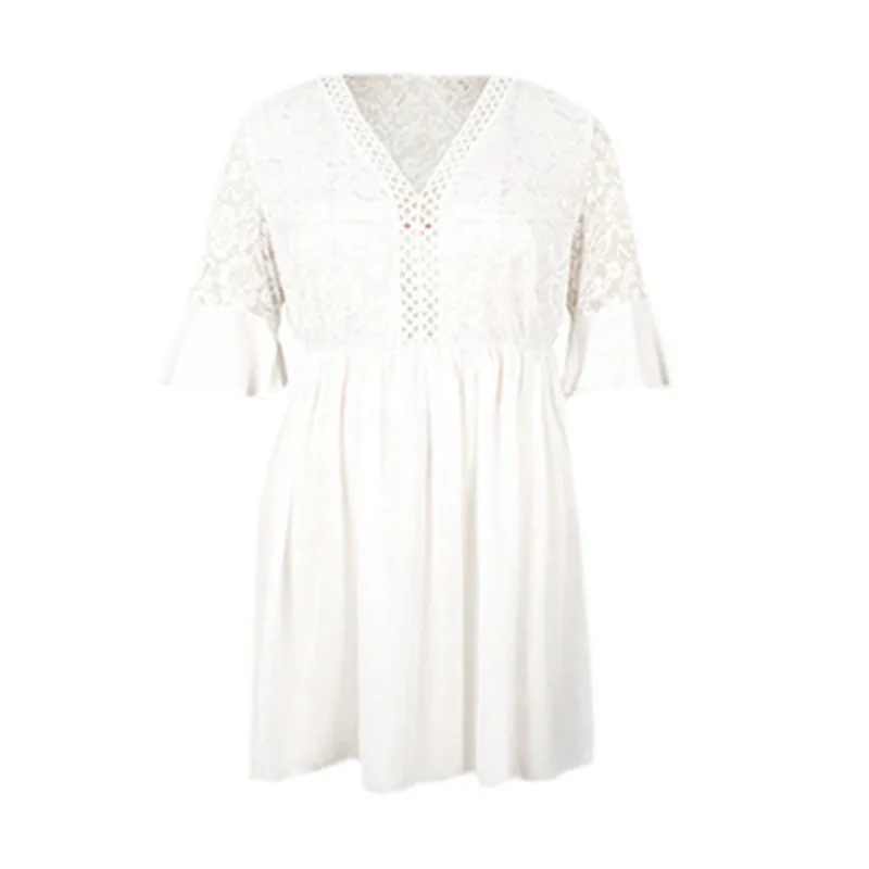 Кружевное открытое женское платье размера плюс 4XL белое платье женское осеннее кружевное платье с коротким рукавом и v-образным вырезом больше размера d Платья для вечеринок A004 - Цвет: White