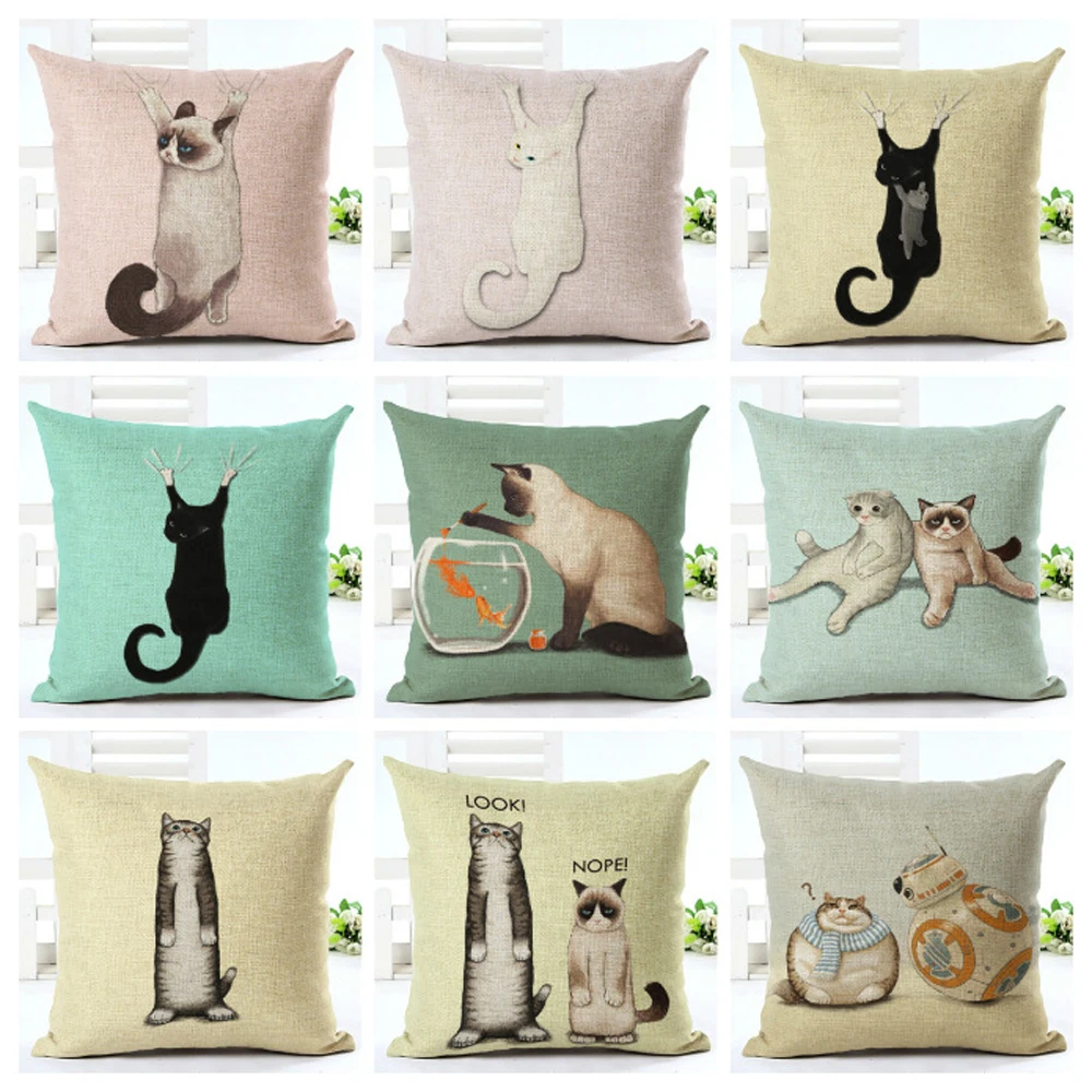 

YWZN Cute Cartoon Cat Printing Decorative Pillowcases Cotton Linen Cat Pattern Throw Pillow Case Cover kussensloop almohada