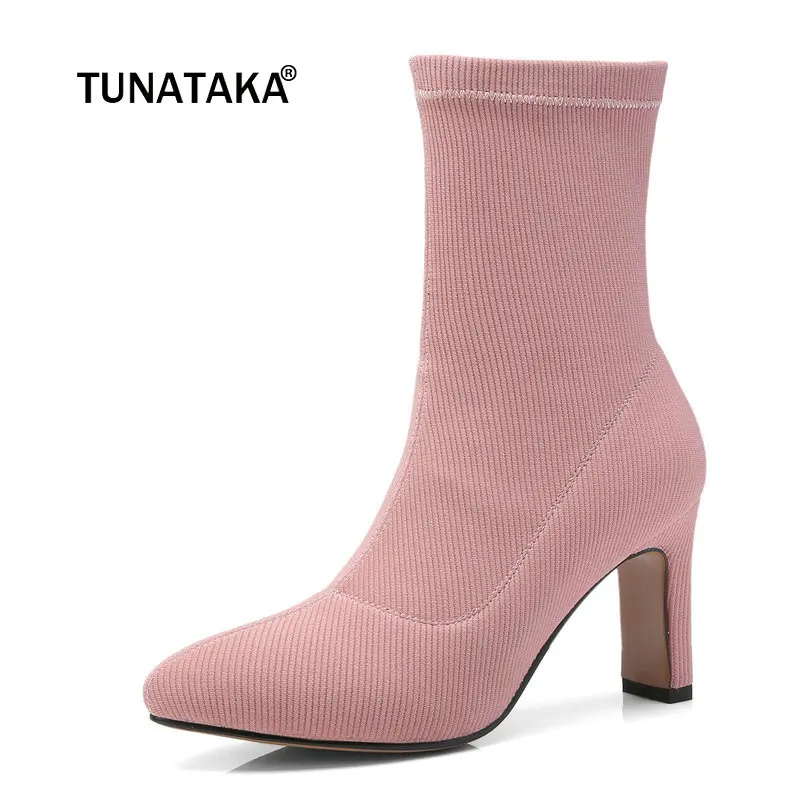 Ladies Knitting Square Heel Stretch Ankle Boots Fashion Pointed Toe Slip On Women Fall Winter Bootie Pink Black Brown Ladies Knitting Square Heel Stretch Ankle Boots Fashion Pointed Toe Slip On Women Fall Winter Bootie Pink Black Brown