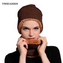 

YWHUANSEN Winter Women Men Beanies Hats With Neckerchief Set Plus Velvet Thick Scarf With Crochet Hats Unisex Knitting Muts Caps