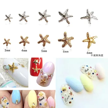 

100 pcs 3D Gold Silver 3d Metal jewelry summer Sea starfish Nail Art Rhinestone Japane Metallic Studs Decoration Charms manicure