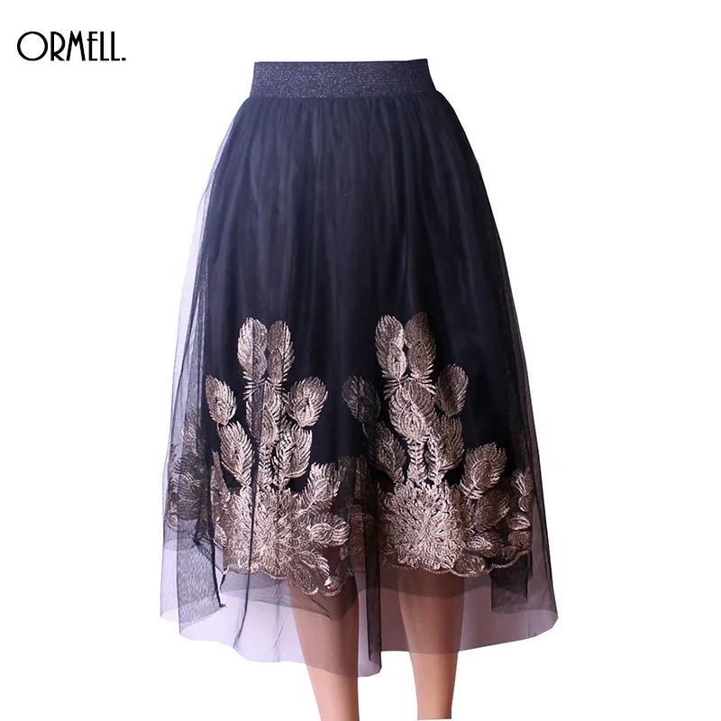 Ormell High Waist Pleat Elegant Skirt Black Flared Skirts Fashion Women Ladies Floral Sequin 