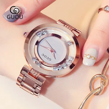 

GUOU New Famous Brand Rose gold Quartz Fashion Women Watches Shining crystal Luxury Ladies Full Steel Waterproof Watch relogio