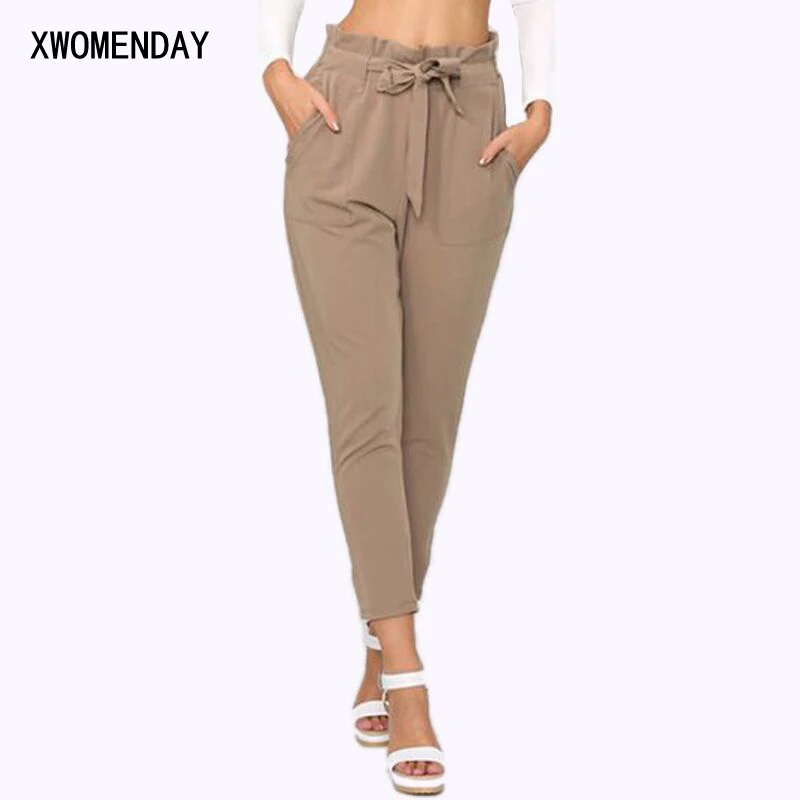 

Women High Waist Harem Pants Bow Tie Drawstring Elastic Waist Pockets Casual Pleated Trousers Pantacourt Pantalon Femme