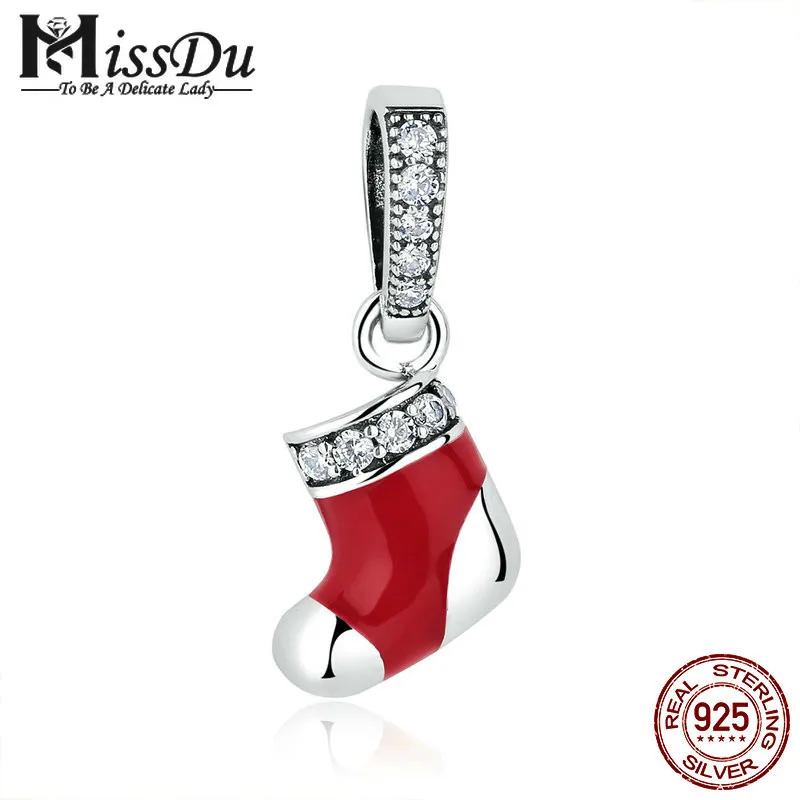 

100% 925 Sterling Silver Christmas Socks Red Beads Charms fit Women Bracelets Necklaces DIY Accessories SCC074