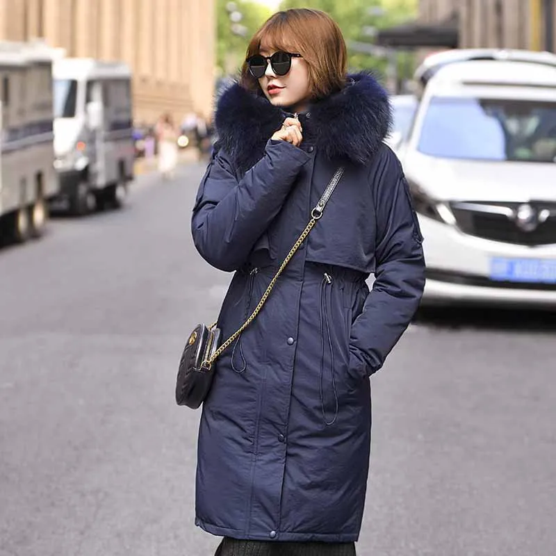 Зимняя женская куртка на каждый день с меховым воротником, зимняя куртка, женский пуховик, хлопковая куртка, женское теплое пальто с капюшоном, парка - Цвет: dark blue