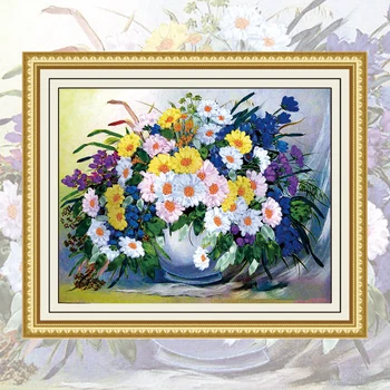 

DIY Ribbons Embroidery Decorative Canvas Painting Colored HD Prints Needlework & Cross Stitch Kit Wall Art Flowers Vase C-0035