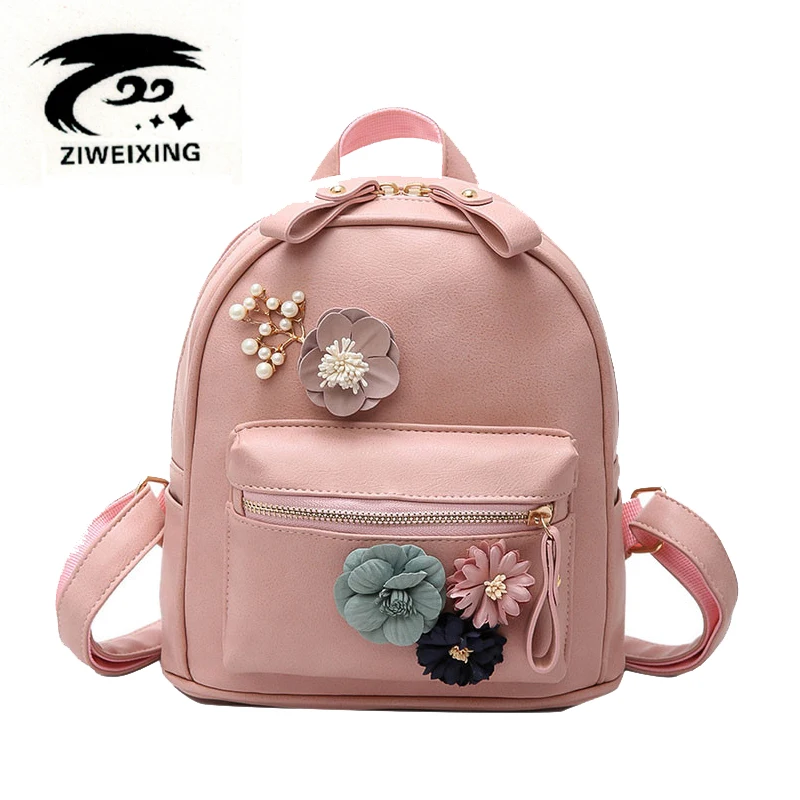 Colorful Flower Women Small Backpack Fashion Beaded Backpacks Rucksack Female Double Zipper PU