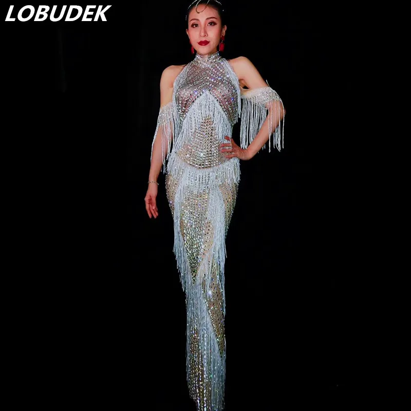 Full Rhinestones Sexy Off-Shoulder Tassel Long Dress Evening Party Lady Luxurious Costume Birthday Prom One Piece Crystals | Женская