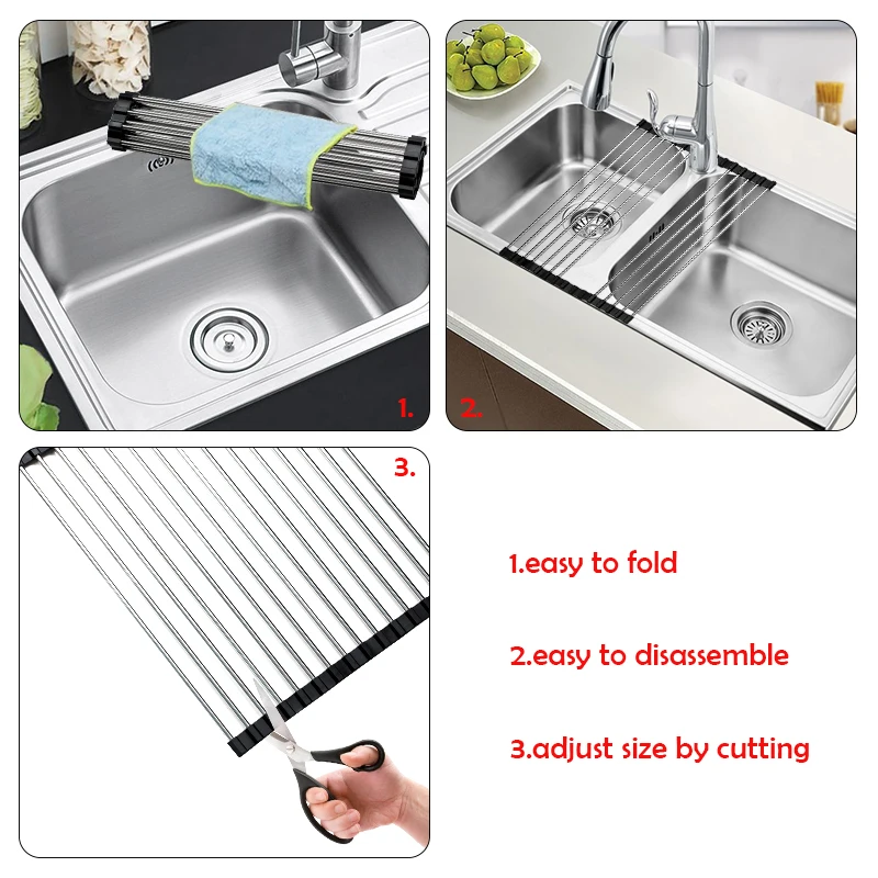 Kitchen Collapsible Stainless Steel Sink Drain Rack Cutlery Fruit And Vegetable Bowl Cup Adjustable Dry Drain Tray Shelf Storage