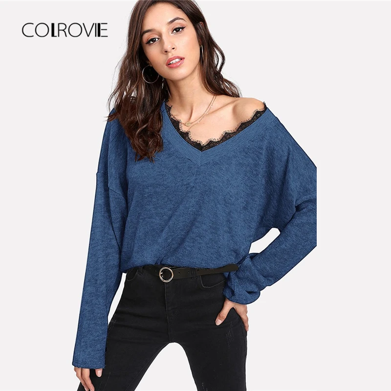 

COLROVIE Blue Solid Eyelash Lace Knitted Casual Sweater 2018 Autumn V Neck Green Women Jumper Pullovers Loose Winter Sweaters