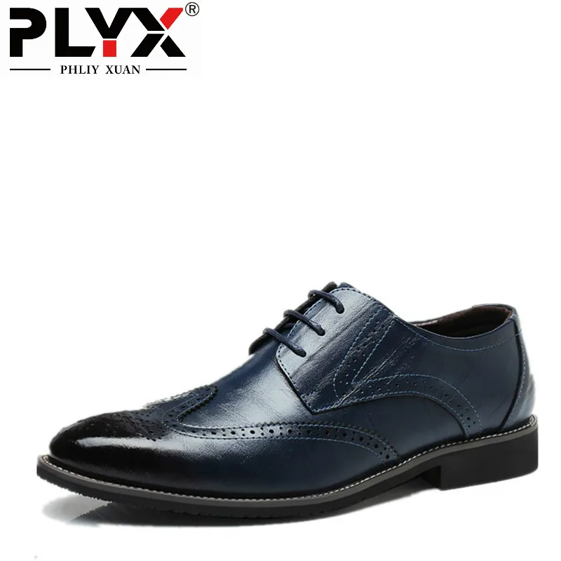 PHLIY XUAN/Новинка года; модная мужская обувь из натуральной кожи с перфорацией типа «броги»; мужские свадебные модельные туфли с острым носком на плоской подошве - Цвет: Blue